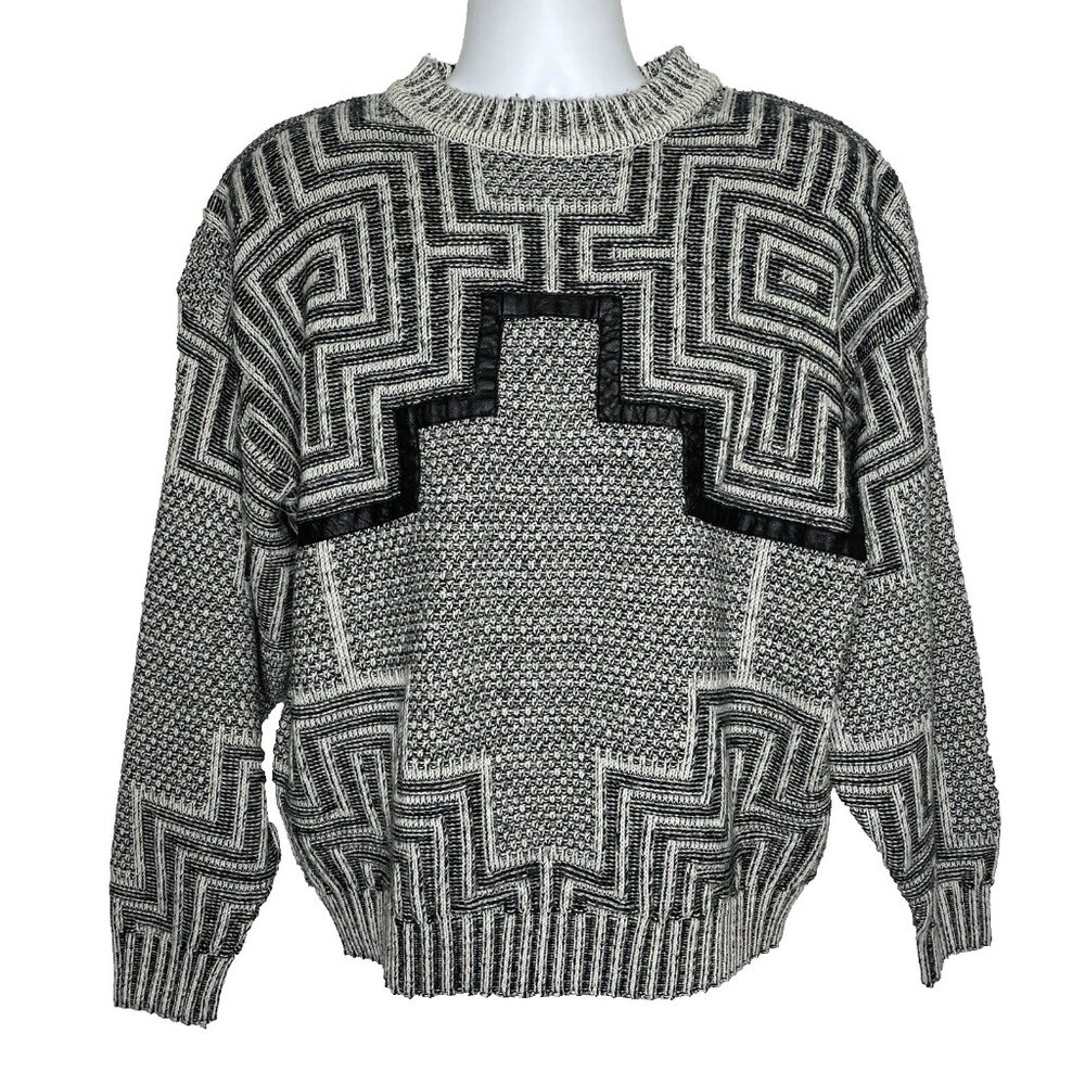 Vintage 90s Chia Pullover Sweater Black White Geometric Leather Trim